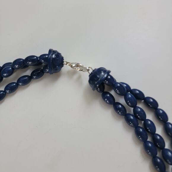 Vintage Multi Strand Navy Blue Beaded Necklace with Decorative Clasp Statement - Picture 6 of 10